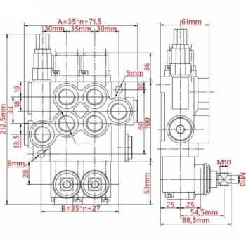 Rozdzielacz-trzysekcyjny-monoblok,-przepływ-40lmin-3-sekcje-sterowany-dźwignia-porty-G12-G38-1445-wymiary
